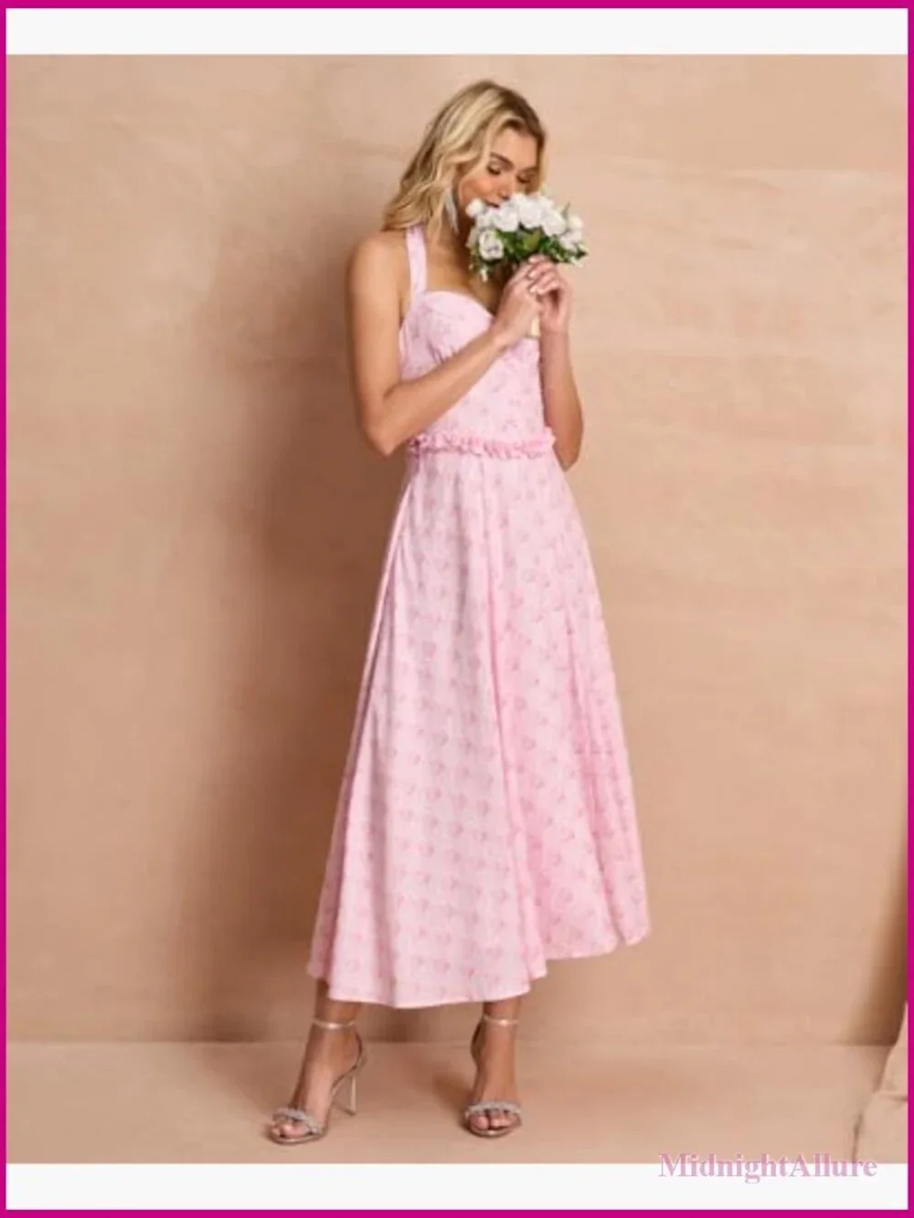 Floral Halter Corset Wrap Midi Dress A-Line Sweetheart Neckline Summer Tea Party